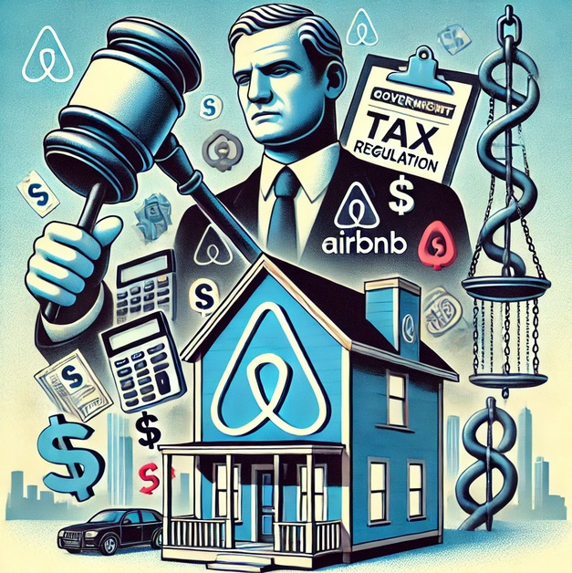 Illustration montrant l'État régulant et taxant Airbnb, avec un gavel frappant une maison Airbnb, entourée de symboles de taxes et de documents